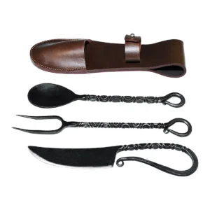 Rustic Hand-Forged Iron Cutlery with Twisted Handles and Leather Pouch