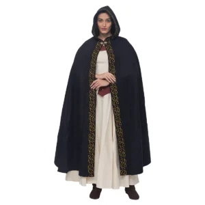 Medieval Wool Cloak with Hood- Wool, Gold Embroidered Trim