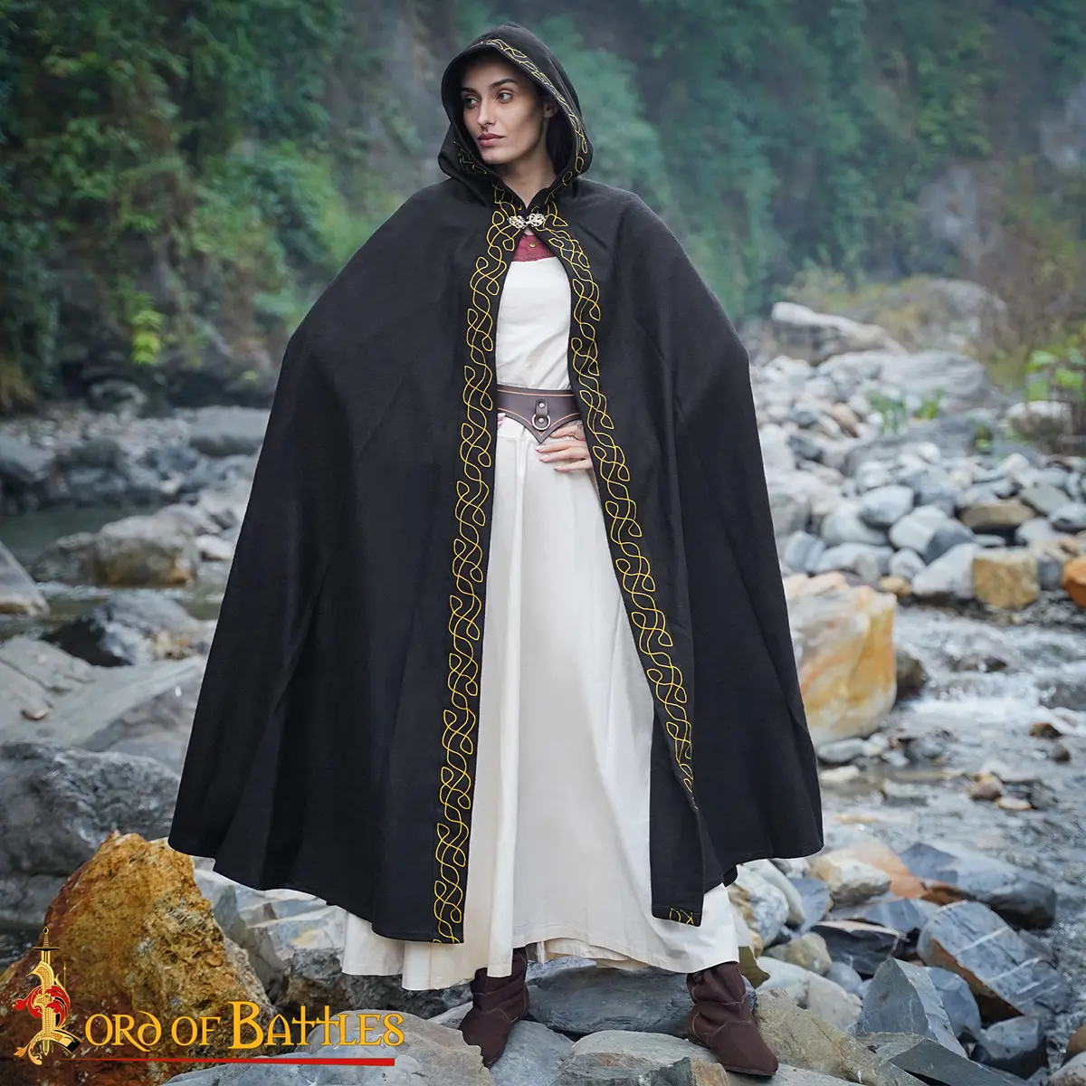 Medieval Wool Cloak with Hood- Wool, Gold Embroidered Trim Medieval Wool Cloak with Hood- Wool, Gold Embroidered Trim - Image 2