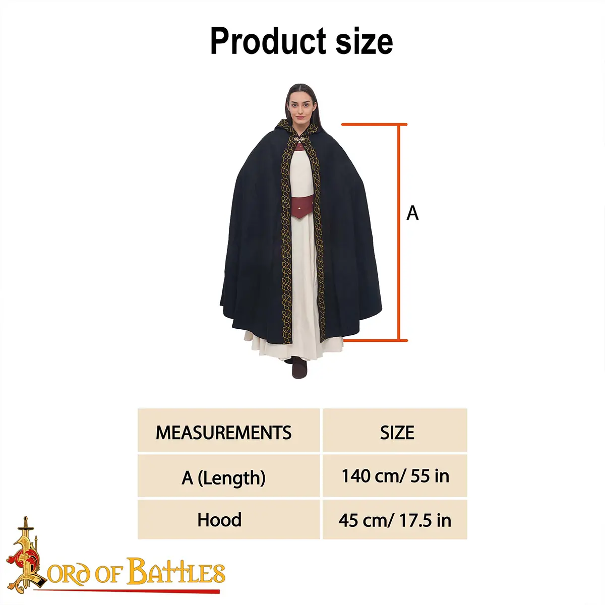 Medieval Wool Cloak with Hood- Wool, Gold Embroidered Trim Medieval Wool Cloak with Hood- Wool, Gold Embroidered Trim - Image 3