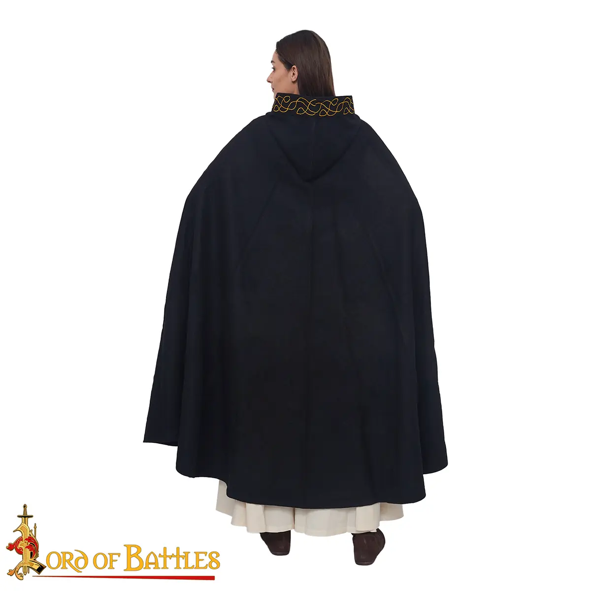 Medieval Wool Cloak with Hood- Wool, Gold Embroidered Trim Medieval Wool Cloak with Hood- Wool, Gold Embroidered Trim - Image 4