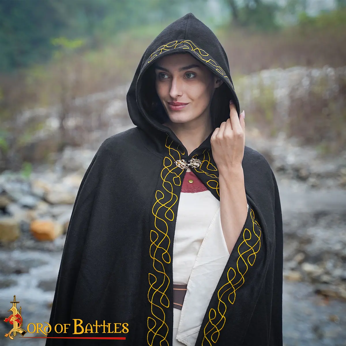 Medieval Wool Cloak with Hood- Wool, Gold Embroidered Trim Medieval Wool Cloak with Hood- Wool, Gold Embroidered Trim - Image 5
