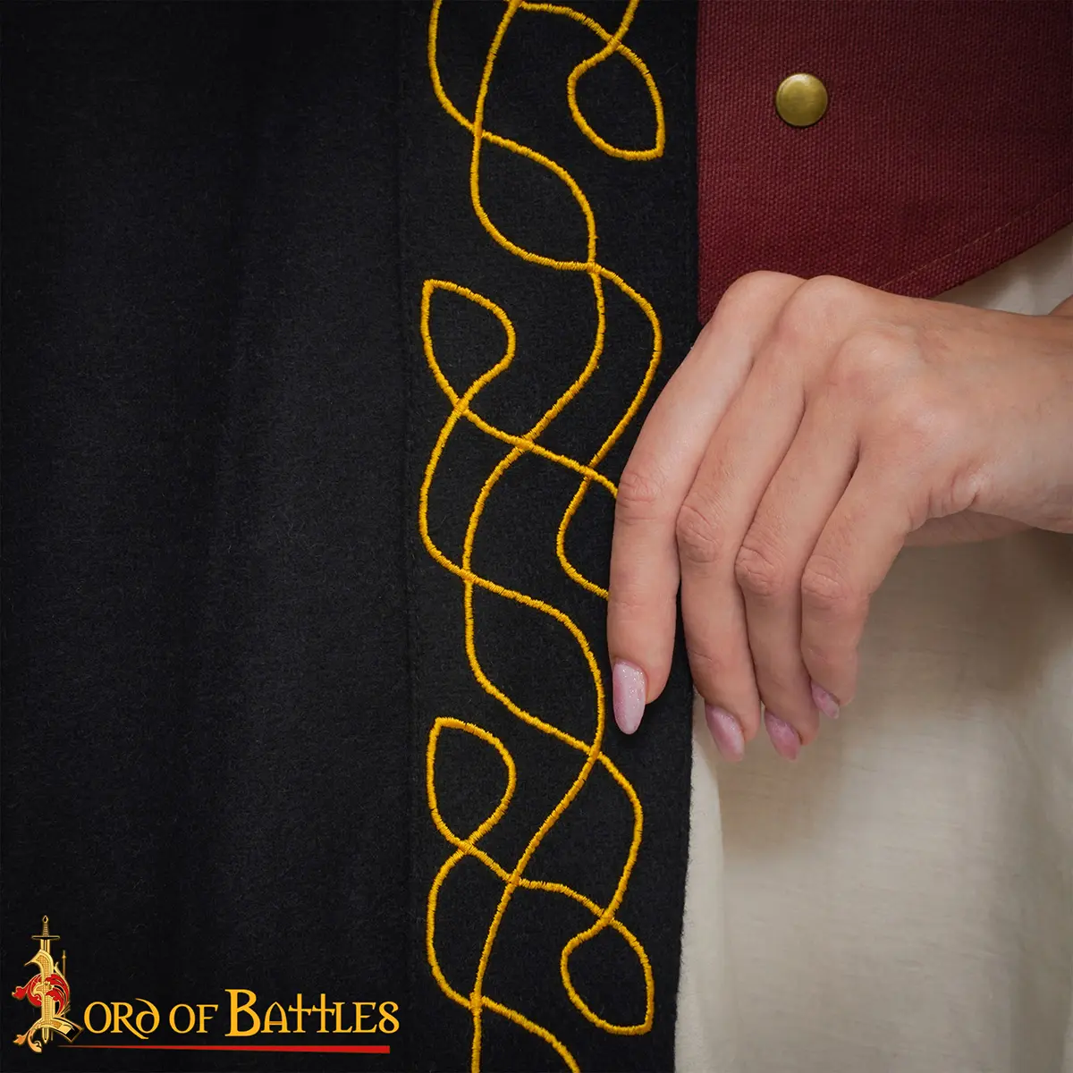 Medieval Wool Cloak with Hood- Wool, Gold Embroidered Trim Medieval Wool Cloak with Hood- Wool, Gold Embroidered Trim - Image 7