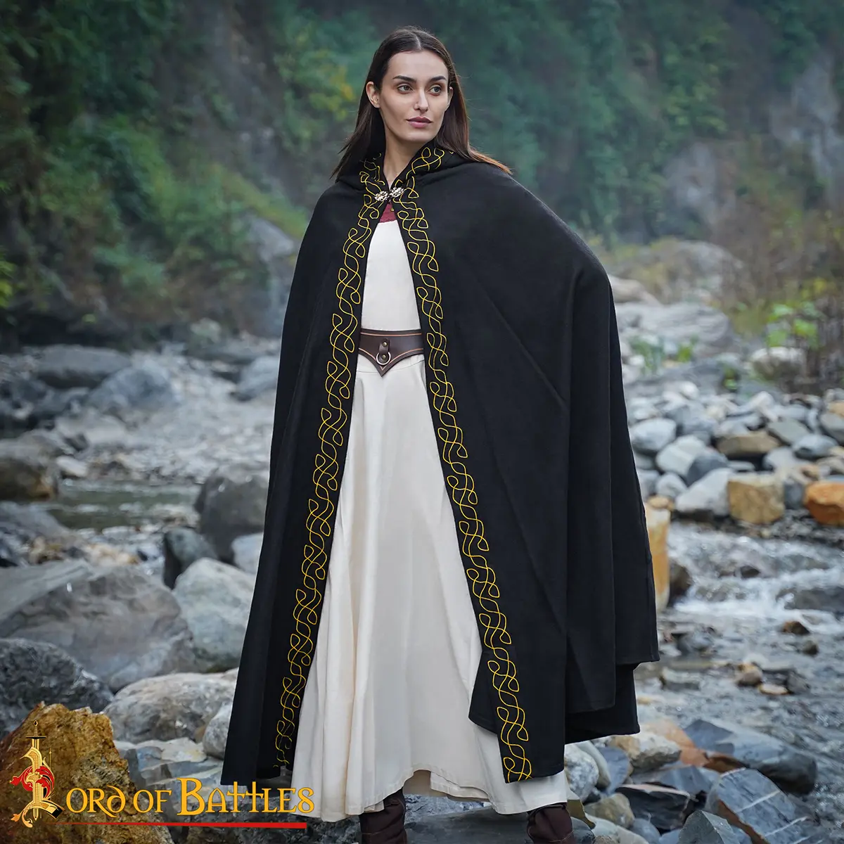 Medieval Wool Cloak with Hood- Wool, Gold Embroidered Trim Medieval Wool Cloak with Hood- Wool, Gold Embroidered Trim - Image 9
