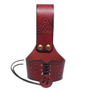 Medieval Leather Drinking Horn Holder with Celtic Knotwork , Adjustable Belt Frog for LARP