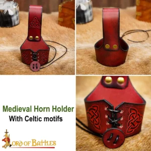 Medieval Leather Drinking Horn Holder with Celtic Knotwork , Adjustable Belt Frog for LARP