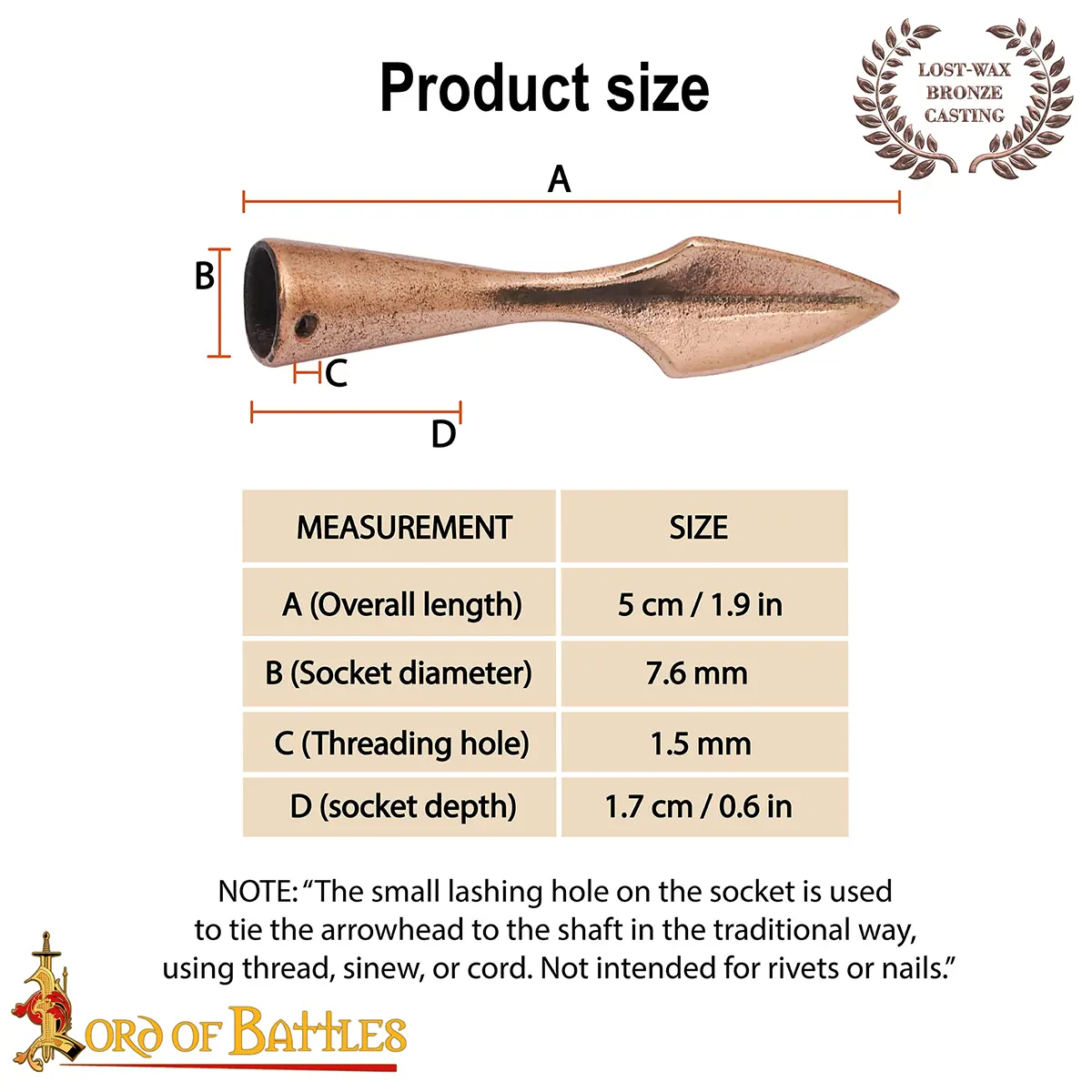 Bronze Arrowhead Lost Wax Cast Socket with Lashing Hole – 5cm Historical Replica for LARP, Collectors Bronze Arrowhead Lost Wax Cast Socket with Lashing Hole – 5cm Historical Replica for LARP, Collectors - Image 2