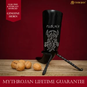 Viking Inspired Drinking Horn Hand-Etched Natural Ox Horn with Carry Pouch