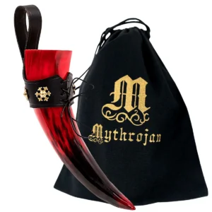 Red Viking Polished Drinking Ox Horn with Black Leather Holder