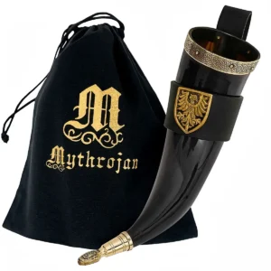 Mythrojan THE TOURNAMENT CHAMPION - 350 ML Viking Drinking Horn with Black Leather holder