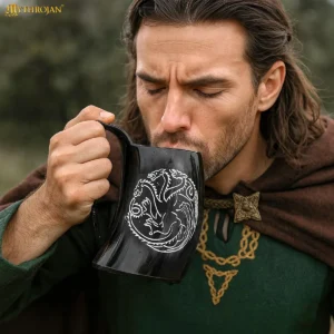 Viking Ox Horn Tankard with Dragon Sigil & Leather Strap