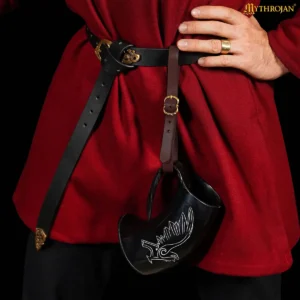 Viking Raven Ox Horn Tankard with Leather Holder, Handcrafted Norse Mead Mug