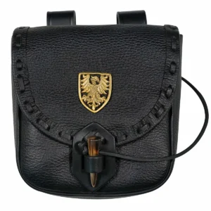 Medieval Leather Belt Bag with Ox Horn Toggle & Brass Heraldic Decoration