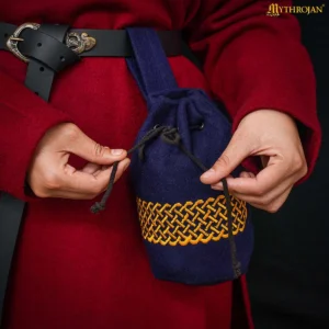 Medieval Woollen Embroidered Belt Pouch with Drawstring