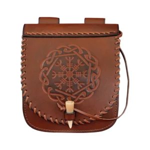 Warrior of the North Leather Belt Bag with Helm of Awe Embossing and Bone Toggle Closure, Viking LARP Pouch