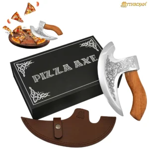 Viking Pizza Axe Hand-Forged Stainless Steel Pizza Cutter with Handle, Leather Sheath & Gift Box Celtic Engraved Medieval Kitchen Tool