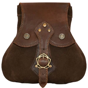 MYTHROJAN “STALWART WARRIOR” LEATHER POUCH for LARP, Medieval SCA cosplay Brown, 8”×8”