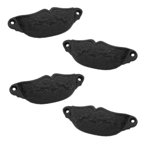 Rustic Cast Iron Set of 4 Drawer Pulls Cabinet Cup Pulls: Ideal for Victorian, Colonial, Retro, Steampunk, Gothic, Baroque, and Medieval Settings, (10.5x3.5) cm