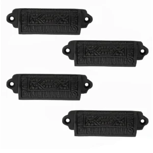 Rustic Cast Iron Set of 4 Drawer Pulls Cabinet Cup Pulls: Ideal for Victorian, Colonial, Retro, Steampunk, Gothic, Baroque, and Medieval Settings, (9.3x2.2) cm