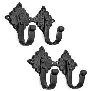 Colonial Wrought Iron Wall Hooks – Set of 2 Hand-Forged Decorative Black Hooks