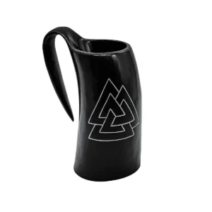 Viking Drinking Horn Tankard with Hand - Carved Viking Valknut Design