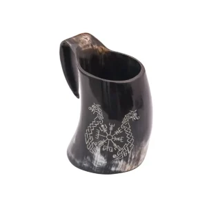 Viking Horn Mug with Vegvisir & Twin Horse Engraving Polished Natural Ox Horn, Mead & Ale Tankard