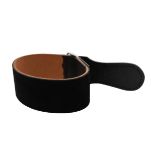 Premium Genuine Leather Razor Sharpening Strop with Metal Loop – Black Leather Honing Strap for Knives & Blades