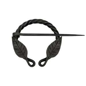 Medieval Hand-Forged Iron Cloak Pin with Leaf Motif – Viking Style Fibula Brooch