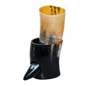 Norse Ox Horn Drinking Horn with Stand – Polished Natural Horn, Mead Ale Vessel