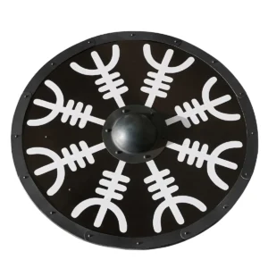 Viking Wooden Shield with Helm of Awe (Aegishjalmur) Round Painted Battle Shield with Steel Boss and Rim