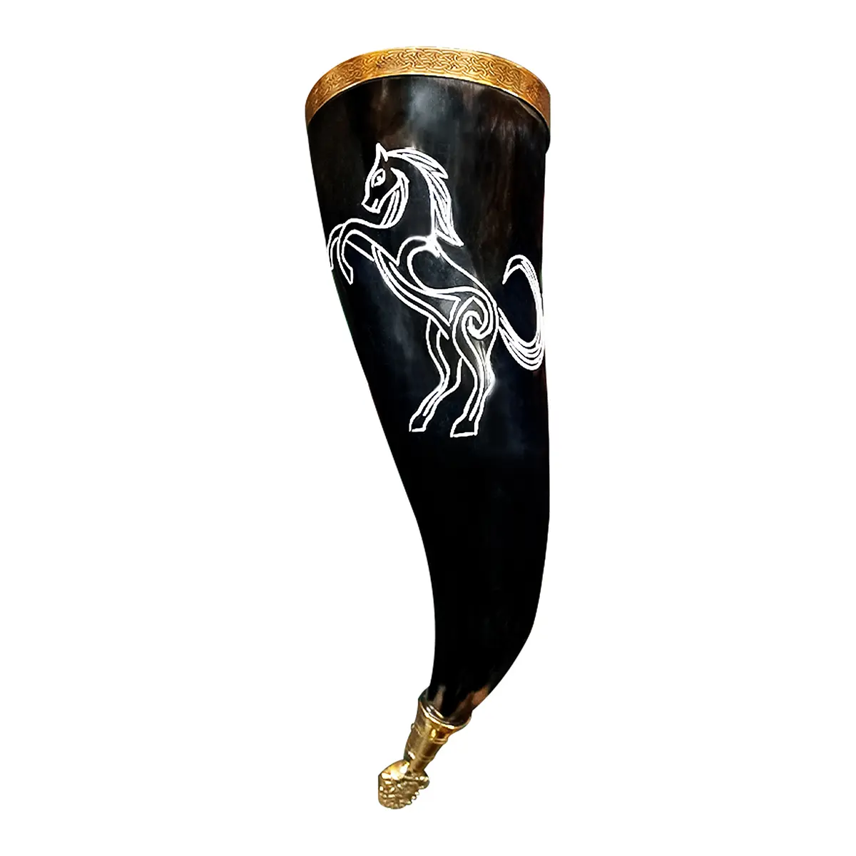 Stallion Viking Drinking Horn with Brass Rim and Tip – Handcrafted Ox Horn Vessel Stallion Viking Drinking Horn with Brass Rim and Tip – Handcrafted Ox Horn Vessel