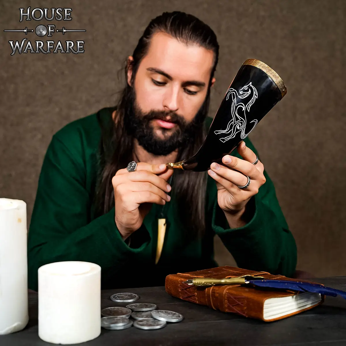 Stallion Viking Drinking Horn with Brass Rim and Tip – Handcrafted Ox Horn Vessel Stallion Viking Drinking Horn with Brass Rim and Tip – Handcrafted Ox Horn Vessel - Image 2