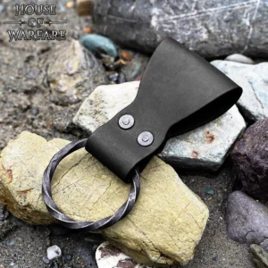Medieval Leather Frog with Hand-Forged Twisted Iron Ring – Brown Belt Holder for Axes, Swords & Tools – 6"x1.5"