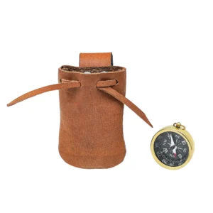 Vintage Brass Pocket Compass with Leather Pouch