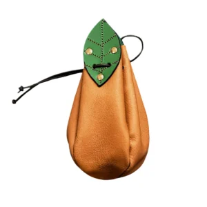 Medieval Leather Belt Pouch with Leaf Accent – Tan Drawstring Pouch for Coins and Accessories