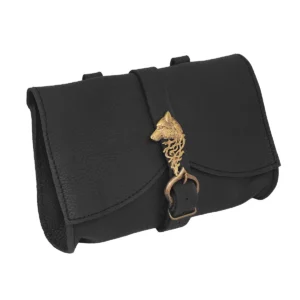Spanish Design Leather Belt Pouch with Norse Brass Wolf Emblem