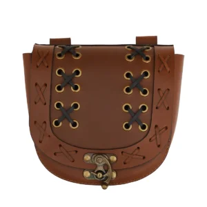 Medieval Leather Belt Pouch with Clasp – Cross-Laced Brown Purse for LARP, Viking & Renaissance Costume