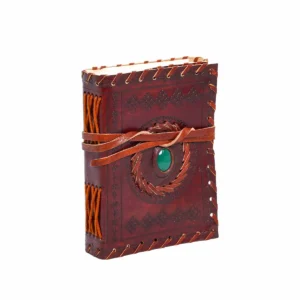 Leather Journal Notebook with Green Stone & Etching