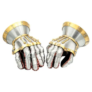 Medieval Hourglass Gauntlets 16 Gauge Steel with Brass Accents & Integrated Suede Leather Gloves Armor