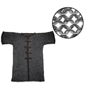 13th Century Style Chainmail Hauberk – Half Sleeves, 9mm Flat ring Dome Riveted  with Alternating flat Solid Rings, 17 Gauge, Mild Steel - Front Buckles – Mild Steel Armour for LARP & SCA