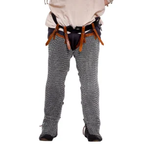 Medieval Chainmail Leggings with Reinforced with Leather Edging and straps - 10mm 16g Gauge Mild Steel Butted – Ideal for Reenactments, LARP & Cosplay
