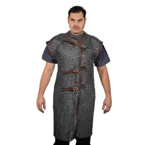 Chainmail Byrnie with leather – 9mm Riveted Flat Ring with Alternating Flat Solid Rings, 17 Gauge