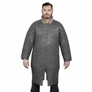 Chainmail Shirt Hauberk – 6mm Riveted Flat Ring with Alternating Flat Solid Rings - 18 Gauge Mild Steel, Natural – Ideal for Reenactments, LARP & Cosplay