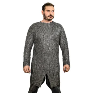 Chainmail Shirt Hauberk – 9mm Riveted Flat Ring with Alternating Flat Solid Rings - 18 Gauge Stainless Steel – Ideal for Reenactments, LARP & Cosplay