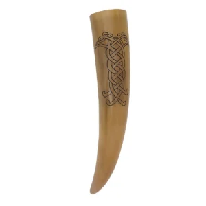 Viking Inspired Drinking Horn Hand-Etched Natural Ox Horn with Carry Pouch