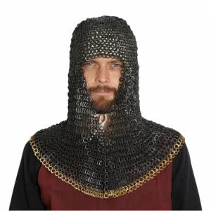 Medieval Chainmail Coif 9mm 18g Flat Ring Round Rivet Blackened With Brass Trim
