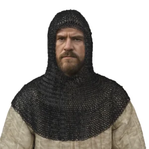 Medieval Chainmail Coif – 9mm 18 Gauge Round Ring Round Rivet with Alternate Flat Solid Rings (Blackened Mild Steel)