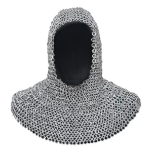 Chainmail Coif – 10mm Riveted Round  Ring with Alternating Flat Solid Rings, 16 Gauge, Aluminium – Ideal for LARP, Cosplay , Film Costumes