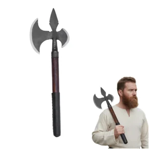 Fantasy Medieval Axe, Hand-Forged Carbon Steel Blade with Hardwood & Leather Grip – Late Medieval Halberd Inspired Double-Headed Axe for LARP & Display