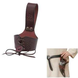 Medieval Leather Drinking Horn Holder with Celtic Knotwork , Adjustable Belt Frog for LARP